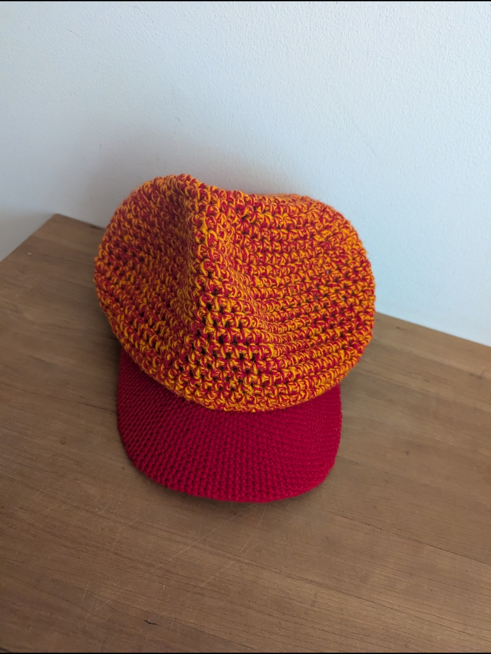 Crochet Cap with Red and Orange Knit Visor